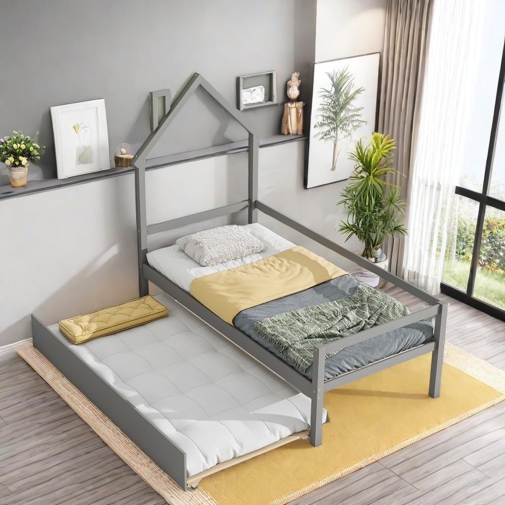 ChicFurnit Twin Size Bed Frame, Wooden Day Bed with House-Shaped Headboard, Platform Bed Frame with Pull-out Trundle & Guardrail for Kids, Floor Bed Frame for Living Room, Bedroom and Guest Room, Grey