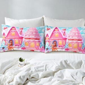 Feelyou Christmas Pink Comforter Cover Set Cute Deer Print Bedding Set Full Size for Kids Boys Girls Bedroom Bed Decor Xmas Christmas Duvet Cover Soft Bedspread Cover,No Comforter