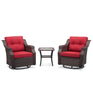 outdoor swivel rocker chair set of 2, all weather wicker glider rocker set, pe rattan swivel rocking chair with side table for yard balcony deck porch (red, 3pc-swivel gliders & side table)