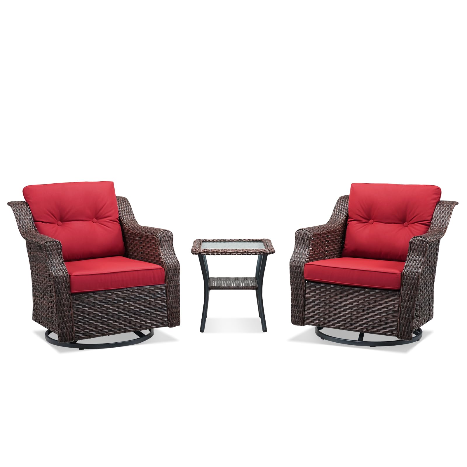 Outdoor Swivel Rocker Chair Set of 2, All Weather Wicker Glider Rocker Set, PE Rattan Swivel Rocking Chair with Side Table for Yard Balcony Deck Porch (Red, 3PC-Swivel Gliders & Side Table)