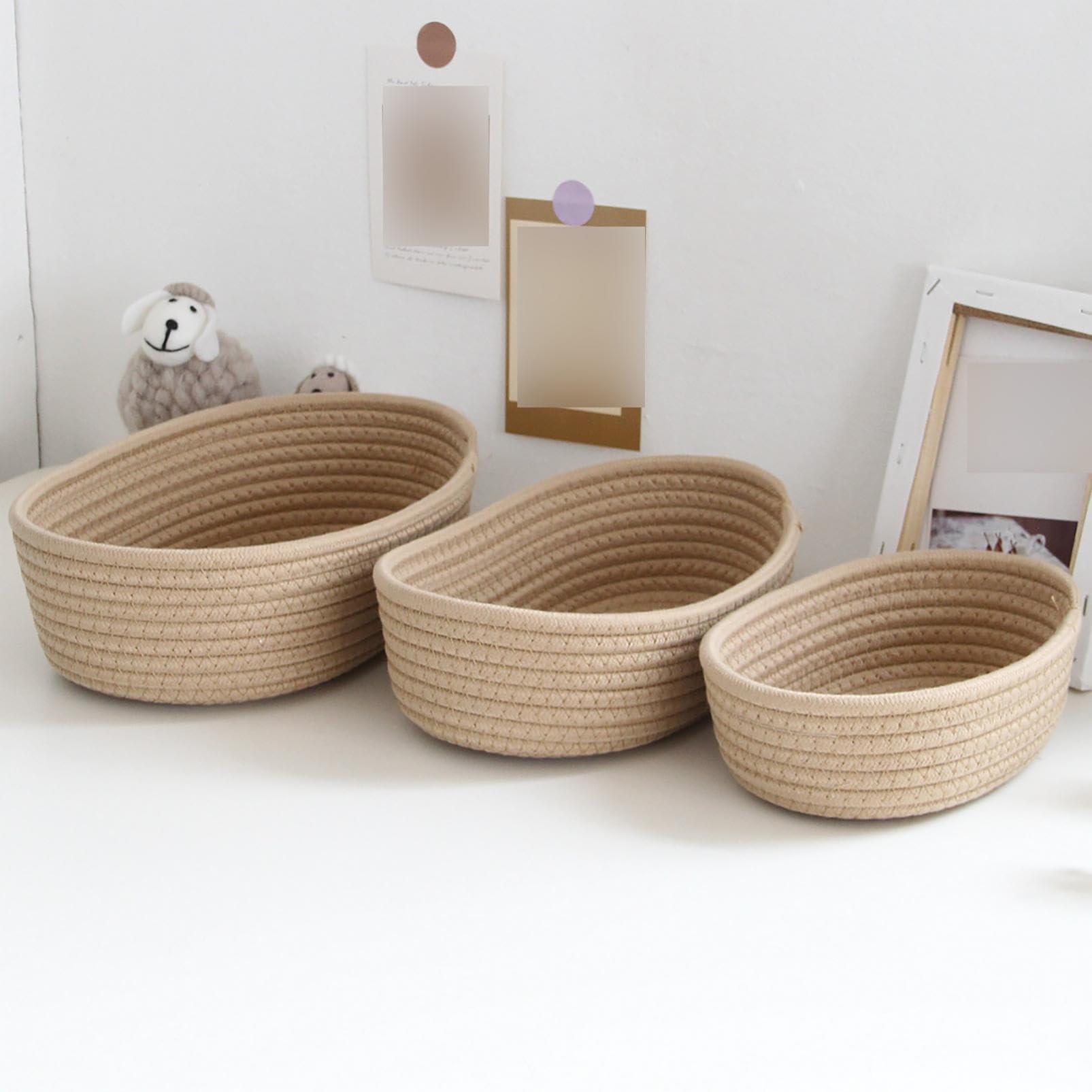 Woven Storage Basket Natural Cotton Rope Woven Baskets for Organizing Tiny Oval Storage Easter Baskets Oval Decorative Hampers Linen Closet Dividers Low Profile Storage Containers (Khaki, L)