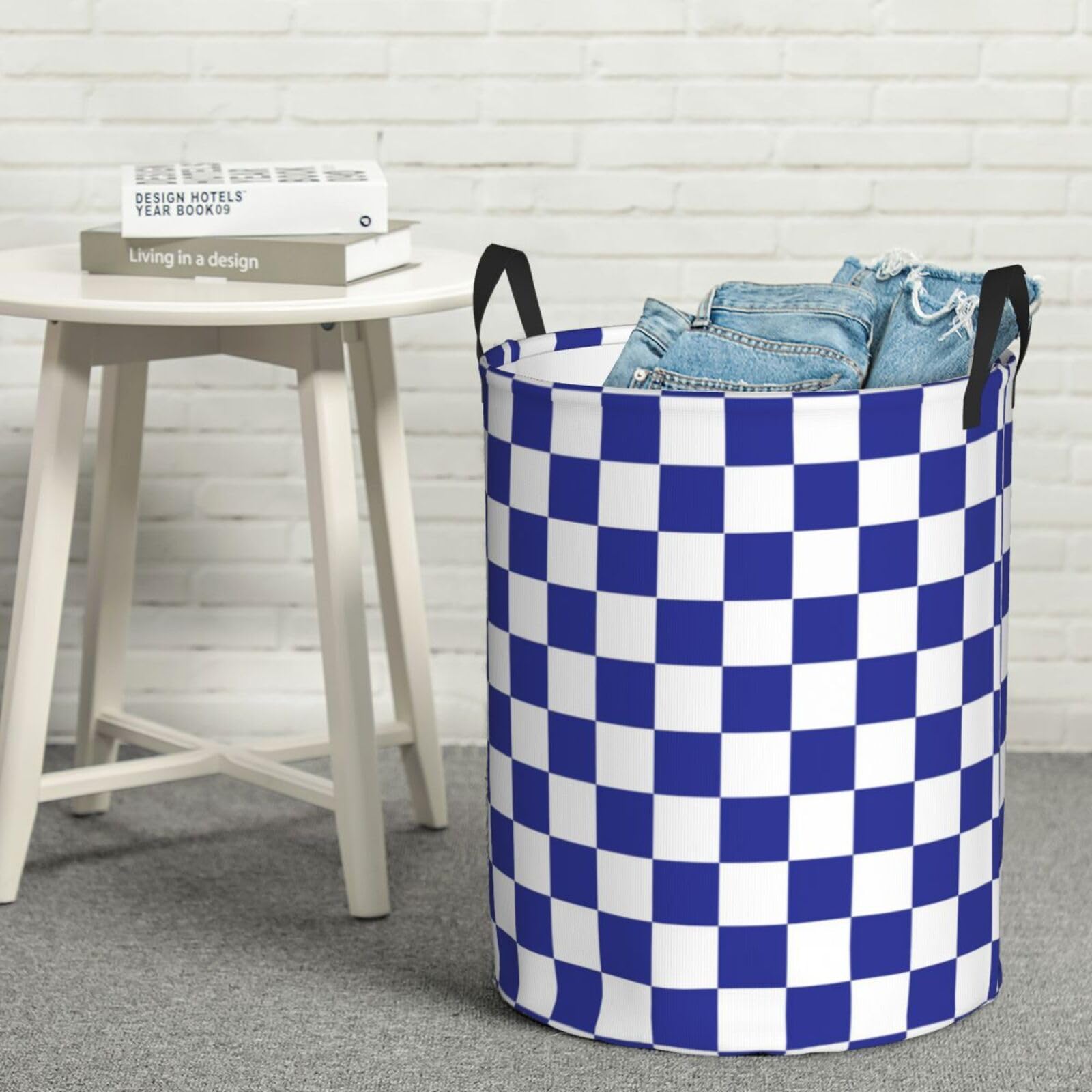 Large Laundry Hamper Bag, Checkered Blue and White Collapsible Laundry Basket Dirty Clothes Organizer Washing Bin for Family Essentials Storage, 15.7" x 19.6"