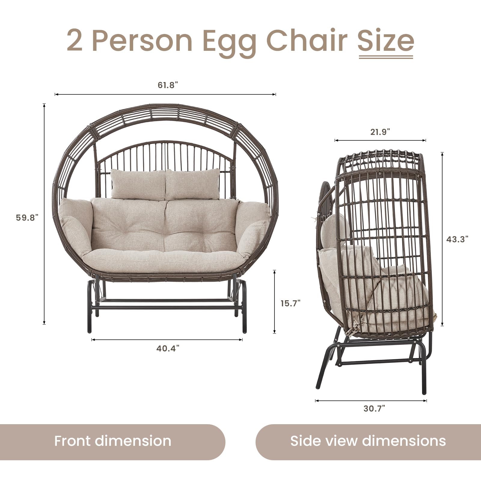 LUMIINOFAMI Outdoor Glider Egg Chair, Oversized 2 Person Egg Rocking Chair with Thick Cushions, Wicker Egg Chair Rattan Porch Furniture Loveseat Lounge Chair for Bedroom Sunroom Backyard(Brown)