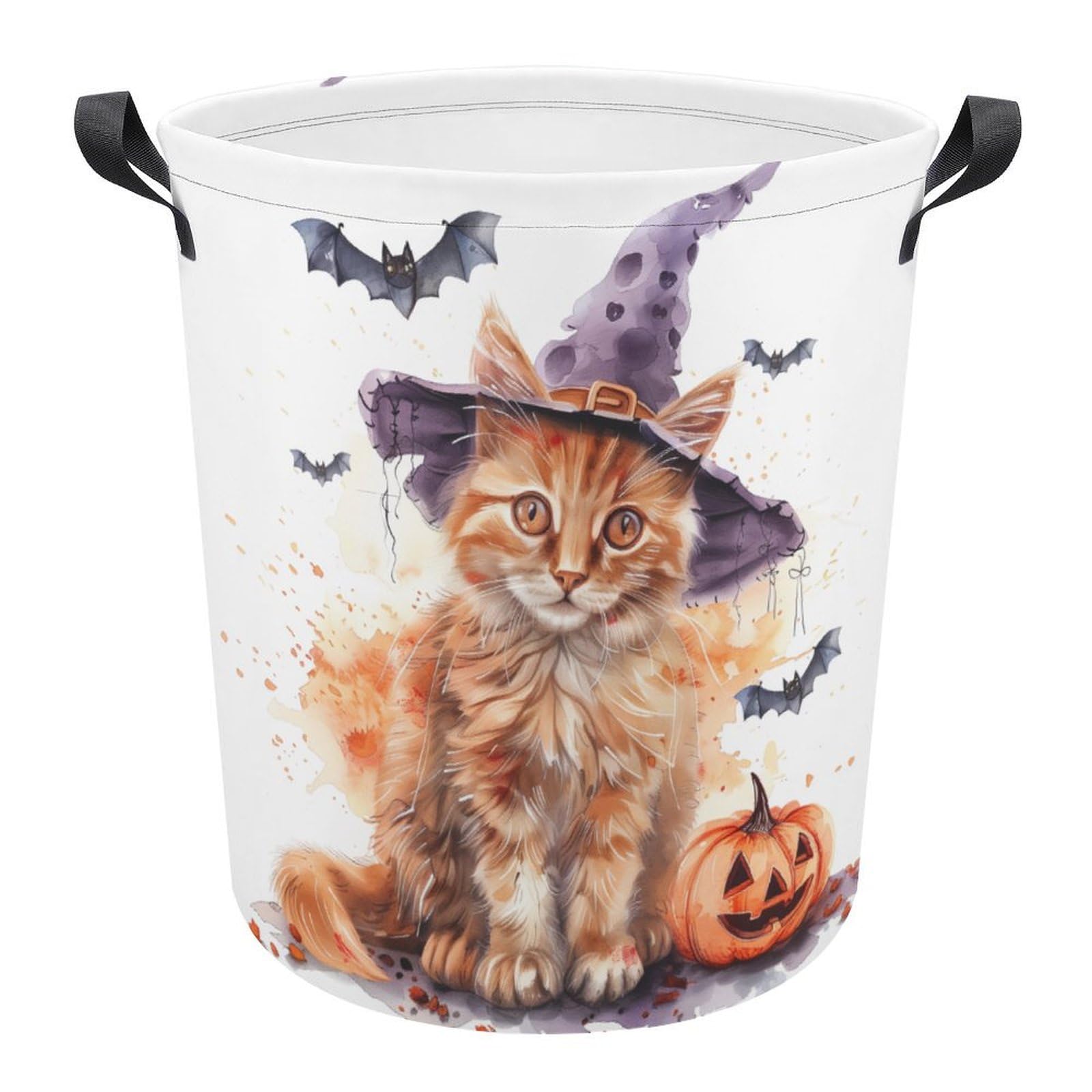 TsyTma Halloween Orange Cat Collapsible Laundry Baskets Laundry Hamper with Handles Scary Bats Pumpkins Round Dirty Clothes Hampers for Laundry Bathroom Bedroom Decor