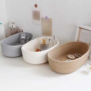 Woven Storage Basket Natural Cotton Rope Woven Baskets for Organizing Tiny Oval Storage Easter Baskets Oval Decorative Hampers Linen Closet Dividers Low Profile Storage Containers (Khaki, L)