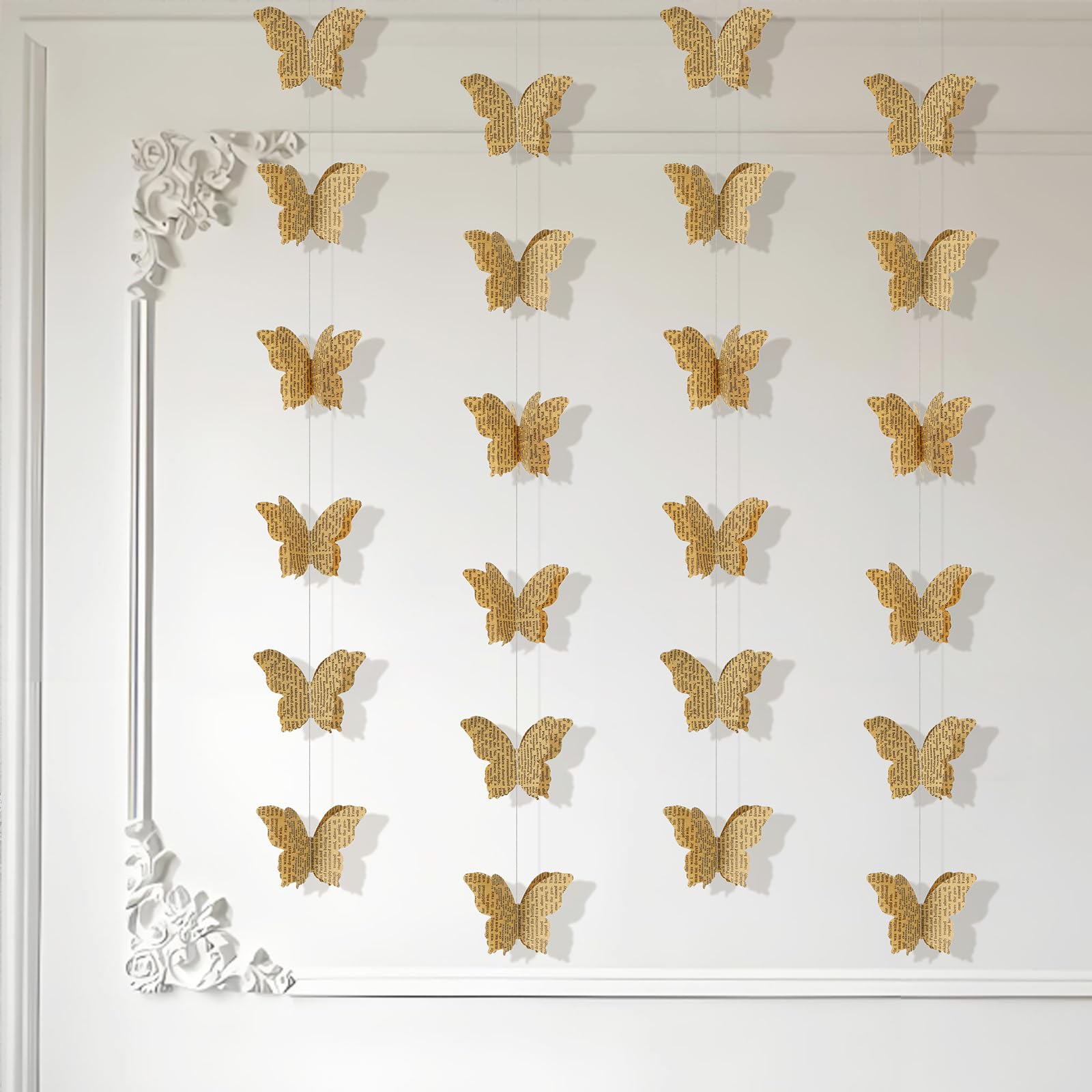 3D Paper Butterfly Garland Recycled Book Newspaper Hanging Garland Bunting Banner Party Decorations Wedding Baby Shower Home Decor 4 Pack (Brown)