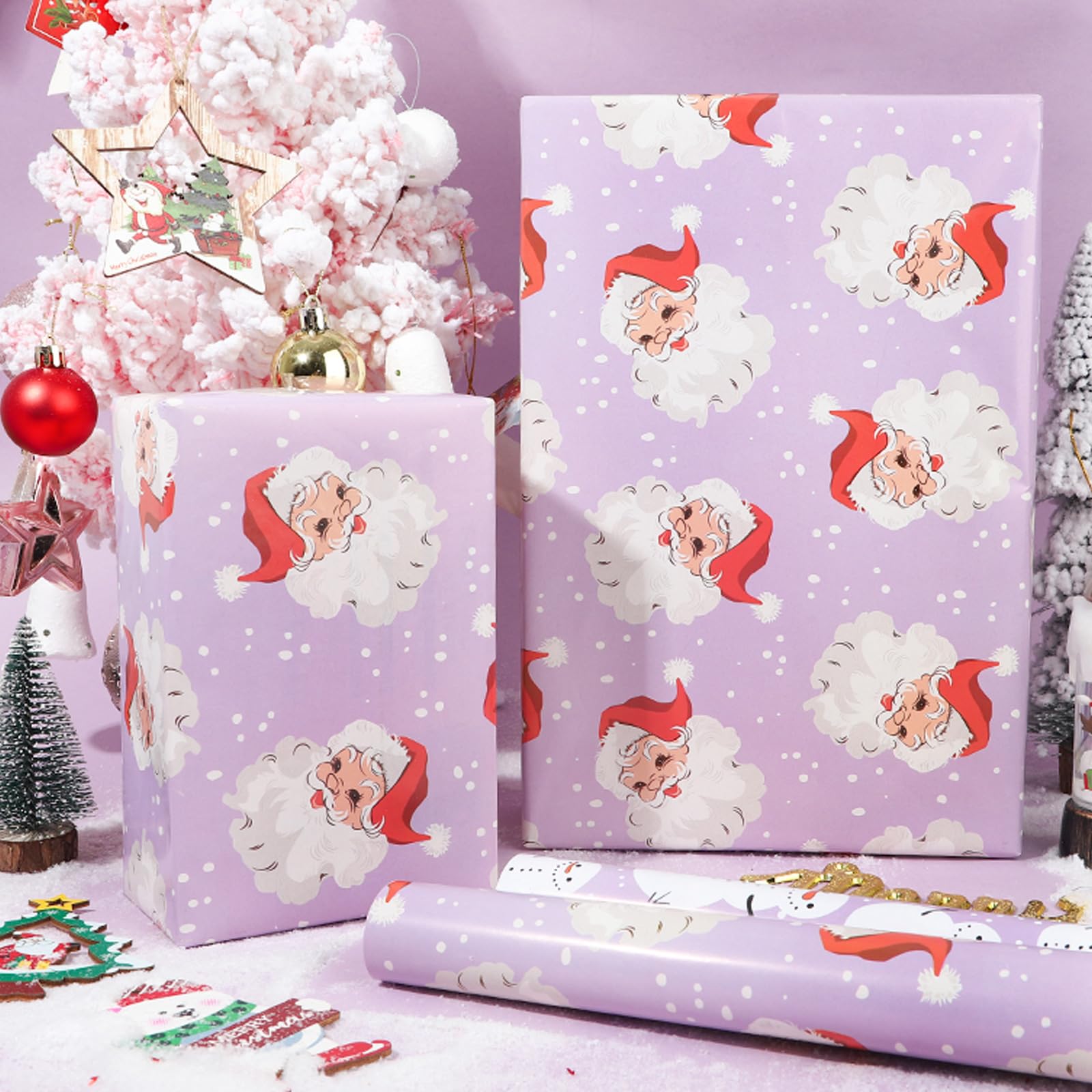 Vnaaem Purple Christmas Wrapping Paper Style Santa Reindeer Snowman Tree and Snowflake Holiday Style Gift Wrap Paper Folded Flat Xmas Art Paper for Winter Party Birthday Baby Shower - 20 X 28 Inches 6 Folded Sheet