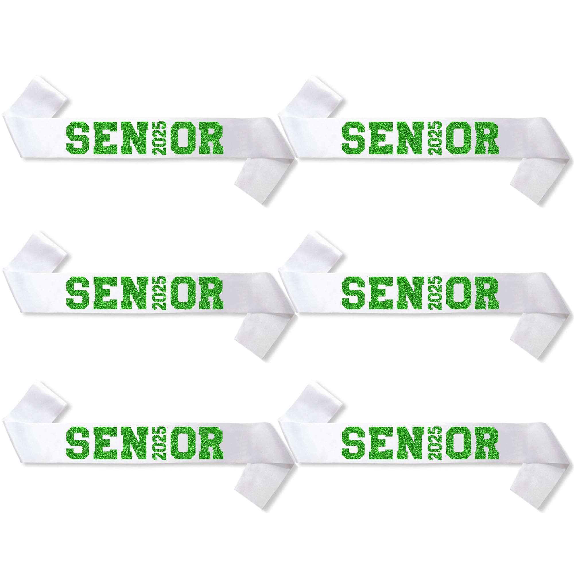 6Pcs White Senior 2025 Satin Sashes with Green Glitter Letters Senior 2025 Decorations - 2025 Graduation Celebrations Sashes - Senior Cheer Sash - Cheerleader Sash - Class Competition Sashes