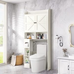 muuegm 32.3''w over the toilet storage cabinet with barn doors, over toilet organizers and storage with toilet paper holder, bathroom and laundry storage cabinet with adjustable bottom bar, white