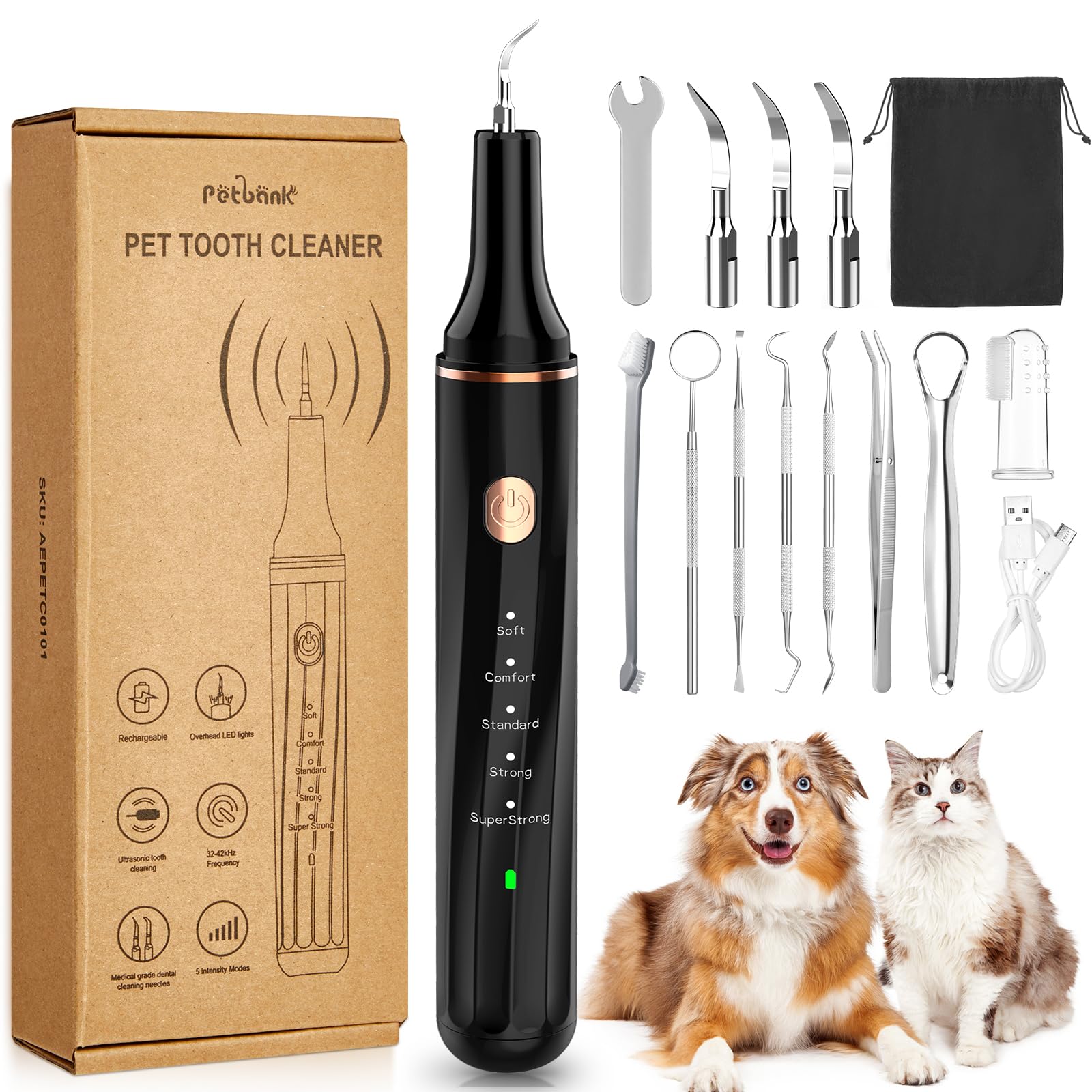 Petbank Dog Teeth Cleaning Kit 12-in-1, Pet Ultrasonic Canine Plaque Remover for Teeth with LED Light, 5 Cleaning Mode, USB Charge Dog Toothbrush Tool with Dental Tools Scaler Scraper