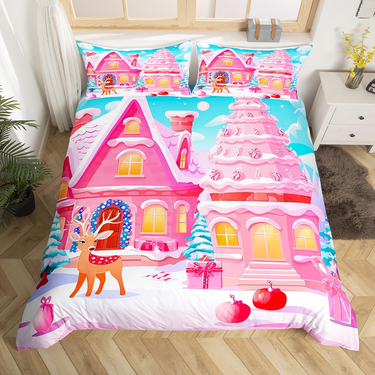 Feelyou Christmas Pink Comforter Cover Set Cute Deer Print Bedding Set Full Size for Kids Boys Girls Bedroom Bed Decor Xmas Christmas Duvet Cover Soft Bedspread Cover,No Comforter