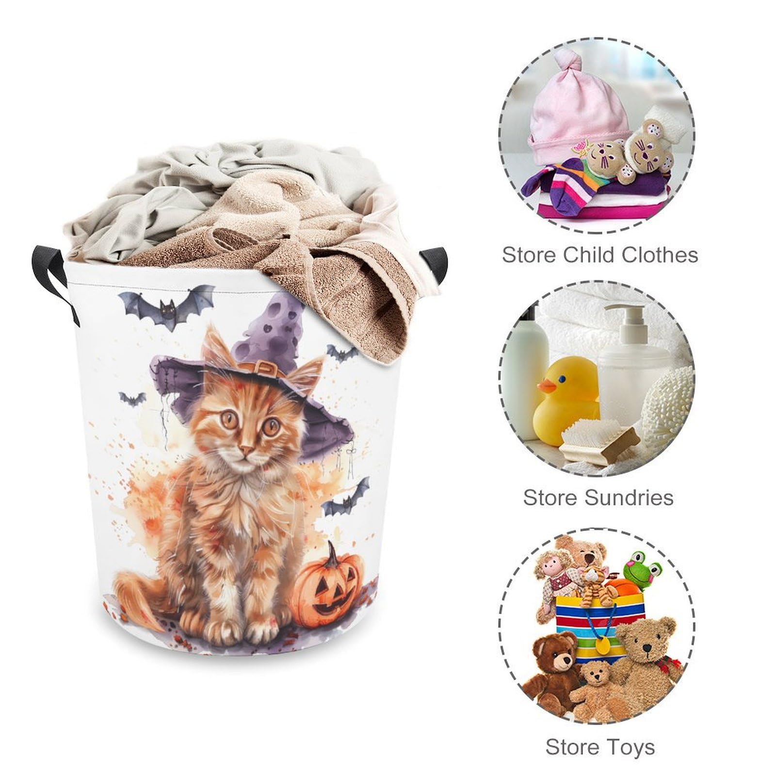 TsyTma Halloween Orange Cat Collapsible Laundry Baskets Laundry Hamper with Handles Scary Bats Pumpkins Round Dirty Clothes Hampers for Laundry Bathroom Bedroom Decor