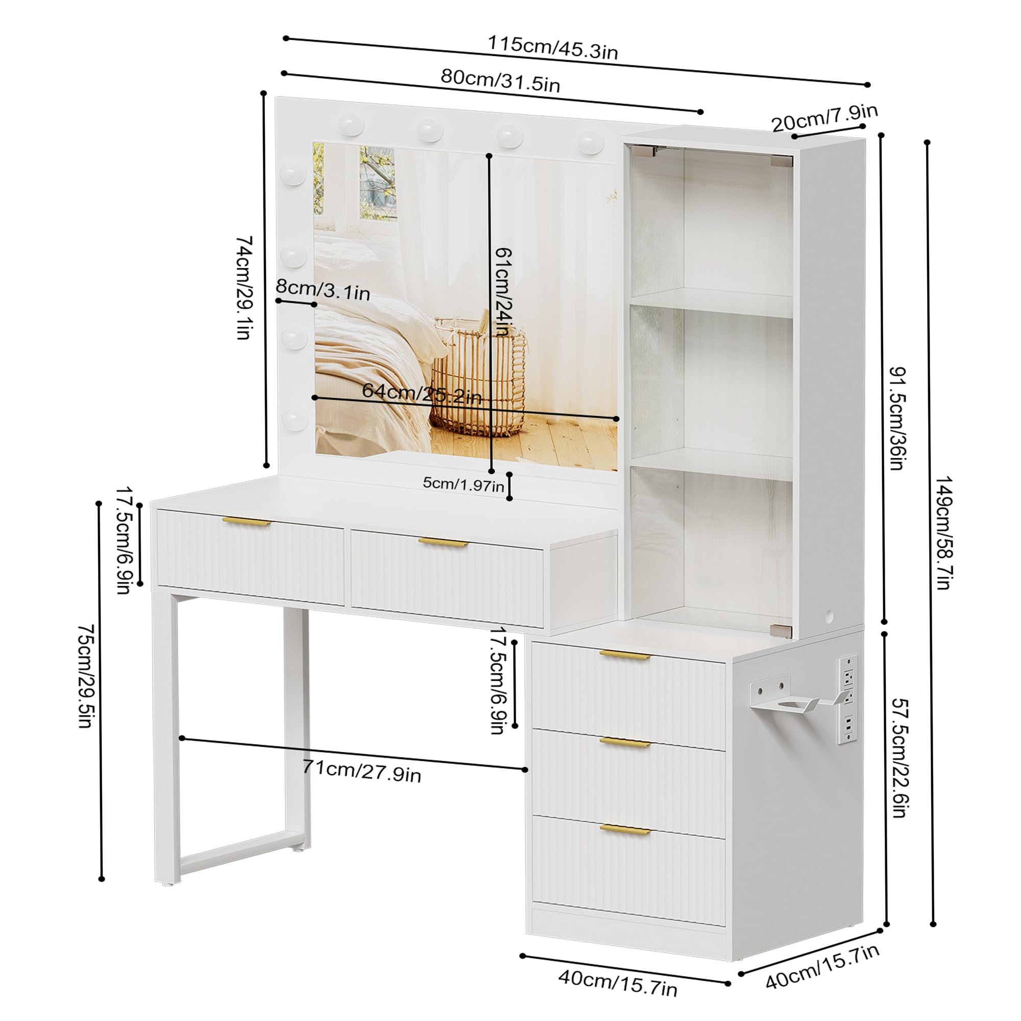 WJFORLION Vanity Desk with Mirror and Llights, Makeup Vanity with Charging Station, 5 Drawers & Adjustable Shelves, Girls Vanity for Bedroom (No Stool)