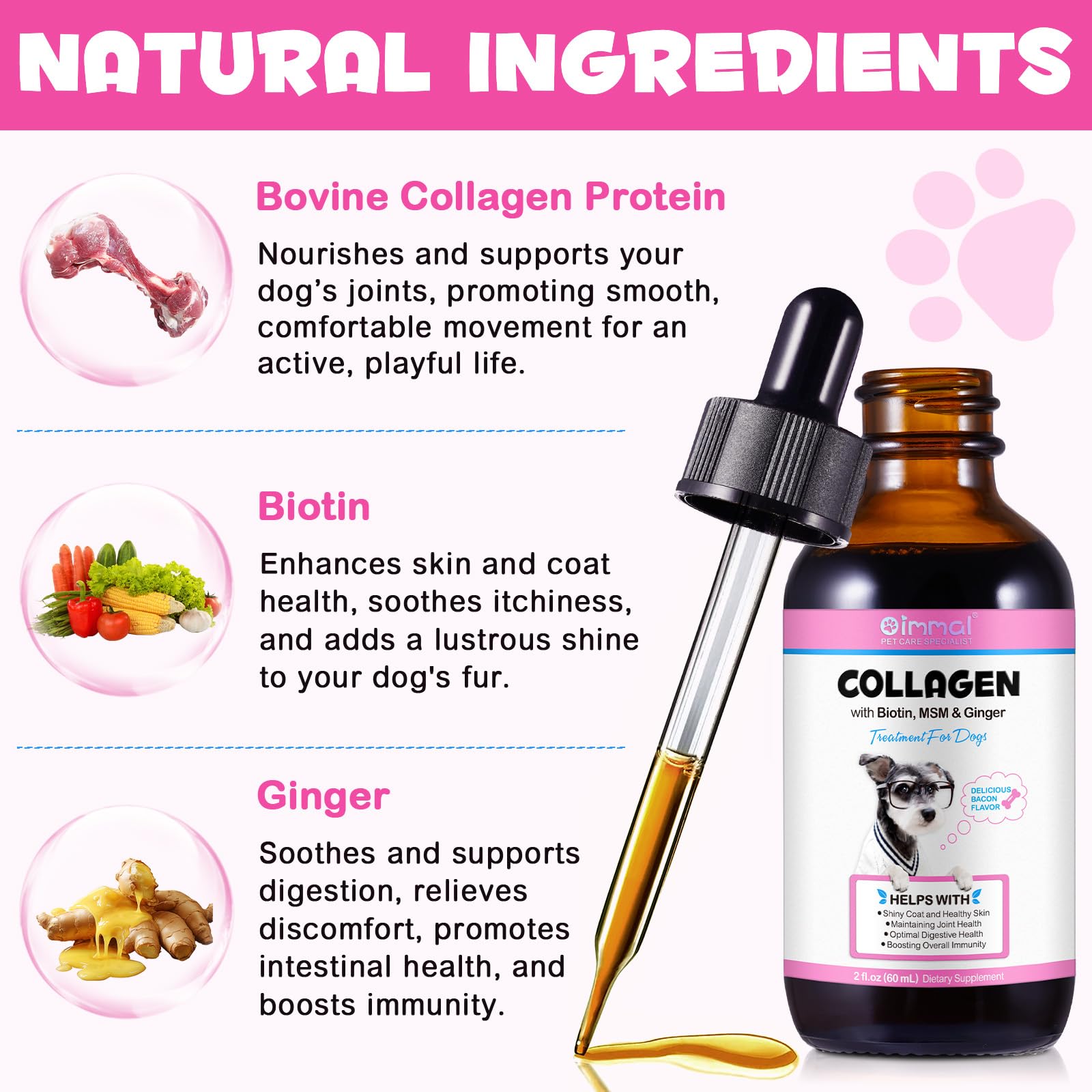 Liquid Collagen for Dogs, 60ML Dog Liquid Collagen with Biotin, MSM & Ginger for Itch Allergies Relief, Skin and Coat Supplement, Boosting Overall Immunity, Joint Support