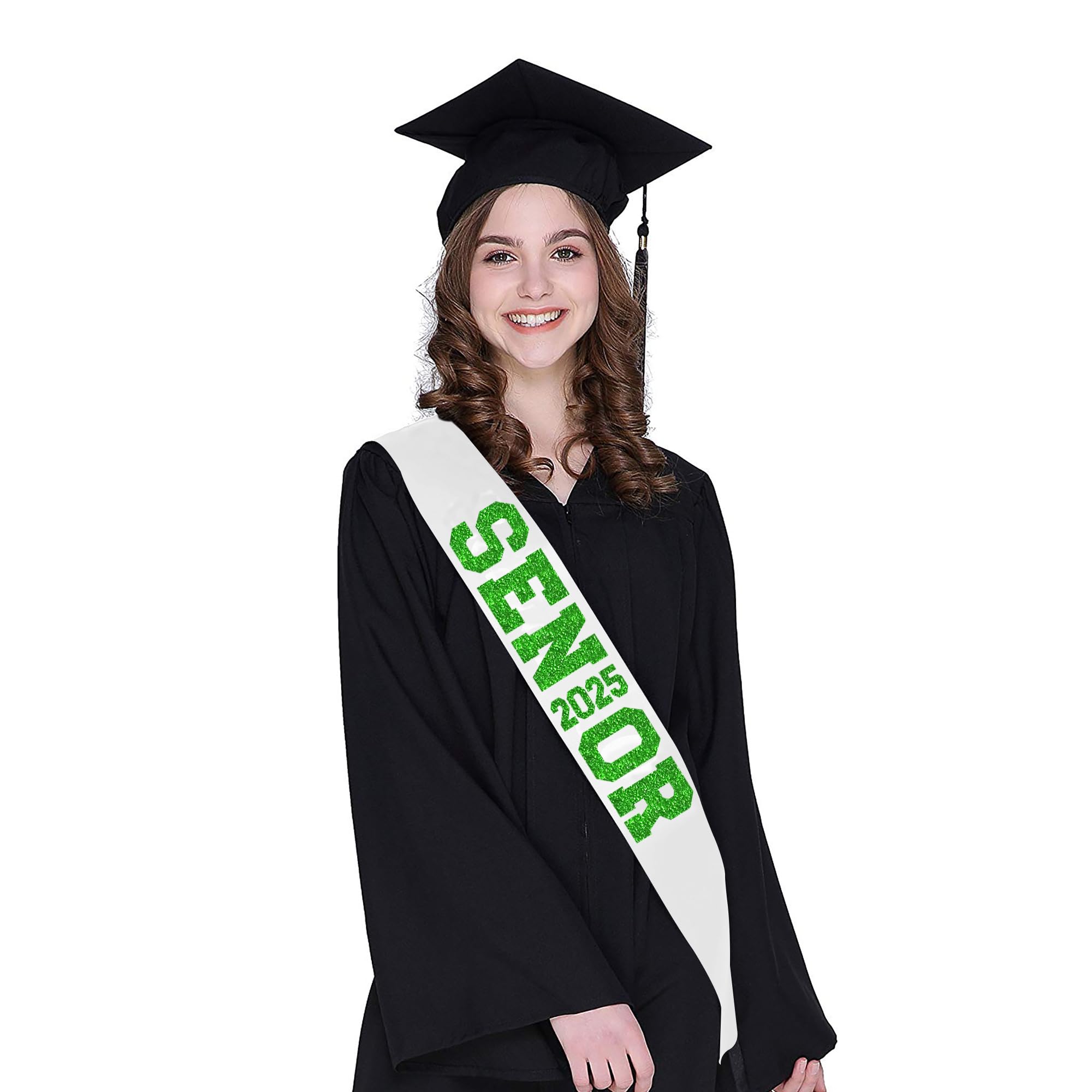 6Pcs White Senior 2025 Satin Sashes with Green Glitter Letters Senior 2025 Decorations - 2025 Graduation Celebrations Sashes - Senior Cheer Sash - Cheerleader Sash - Class Competition Sashes