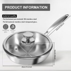 FALESOUL Tri-Ply Stainless Steel Frying Pan, 10 inch Skillet with Lid, Stainless Steel Uncoated Cooking Pan, Kitchen Egg Skillet, Dishwasher and Oven Safe, Heavy Duty and Detachable Handle