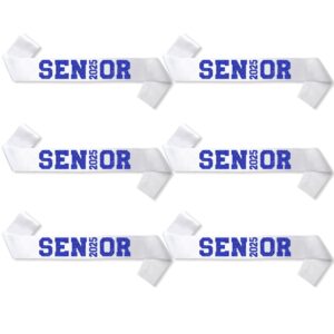 6pcs white senior 2025 satin sashes with blue glitter letters senior 2025 decorations - 2025 graduation celebrations sashes - senior cheer sash - cheerleader sash - class competition sashes