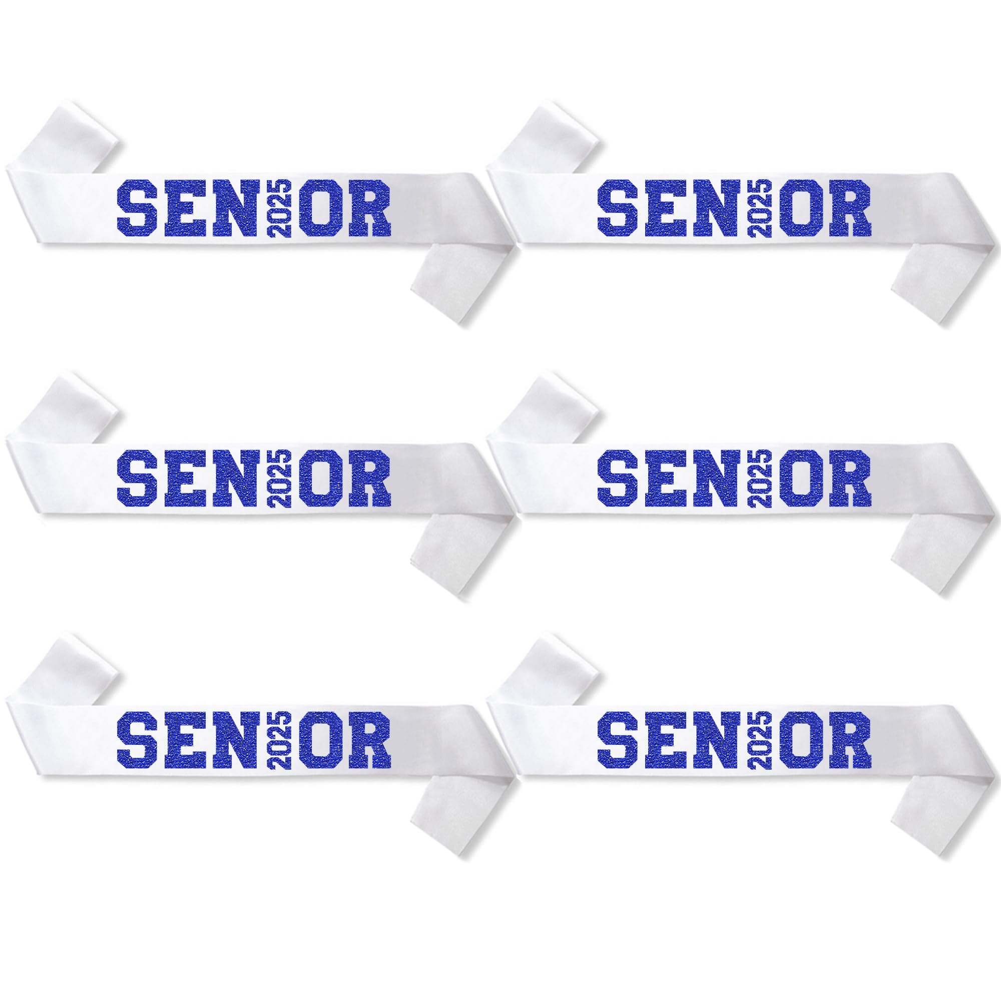 6Pcs White Senior 2025 Satin Sashes with Blue Glitter Letters Senior 2025 Decorations - 2025 Graduation Celebrations Sashes - Senior Cheer Sash - Cheerleader Sash - Class Competition Sashes