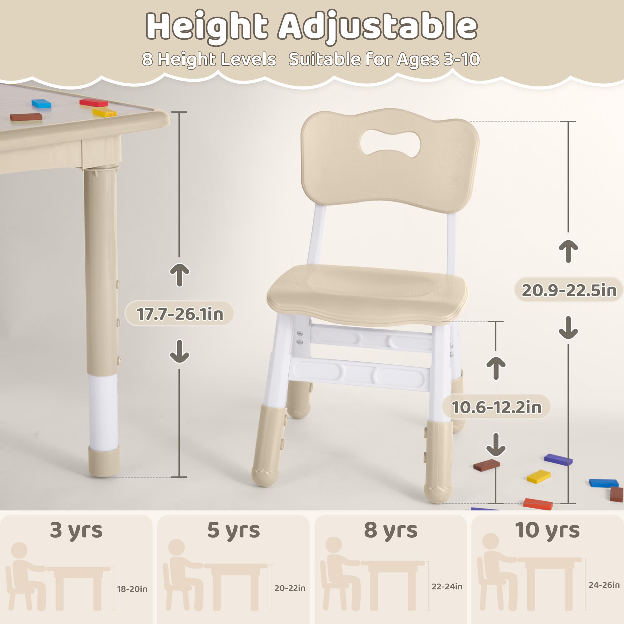 DOREROOM Kids Table and 2 Chairs Set, Height Adjustable (17.7"-26.1") Toddler Table and Chair Set, Multi-Activity Table with Graffiti Desktop, Children’s Table and Chairs for Classroom, Home & Daycare