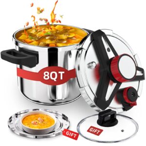 3-in-1 304 stainless steel pressure cooker 8 qt: [explosion-proof] [3 psi settings], one-hand locking, induction compatible, glass lid & steamer rack included, olla de presion