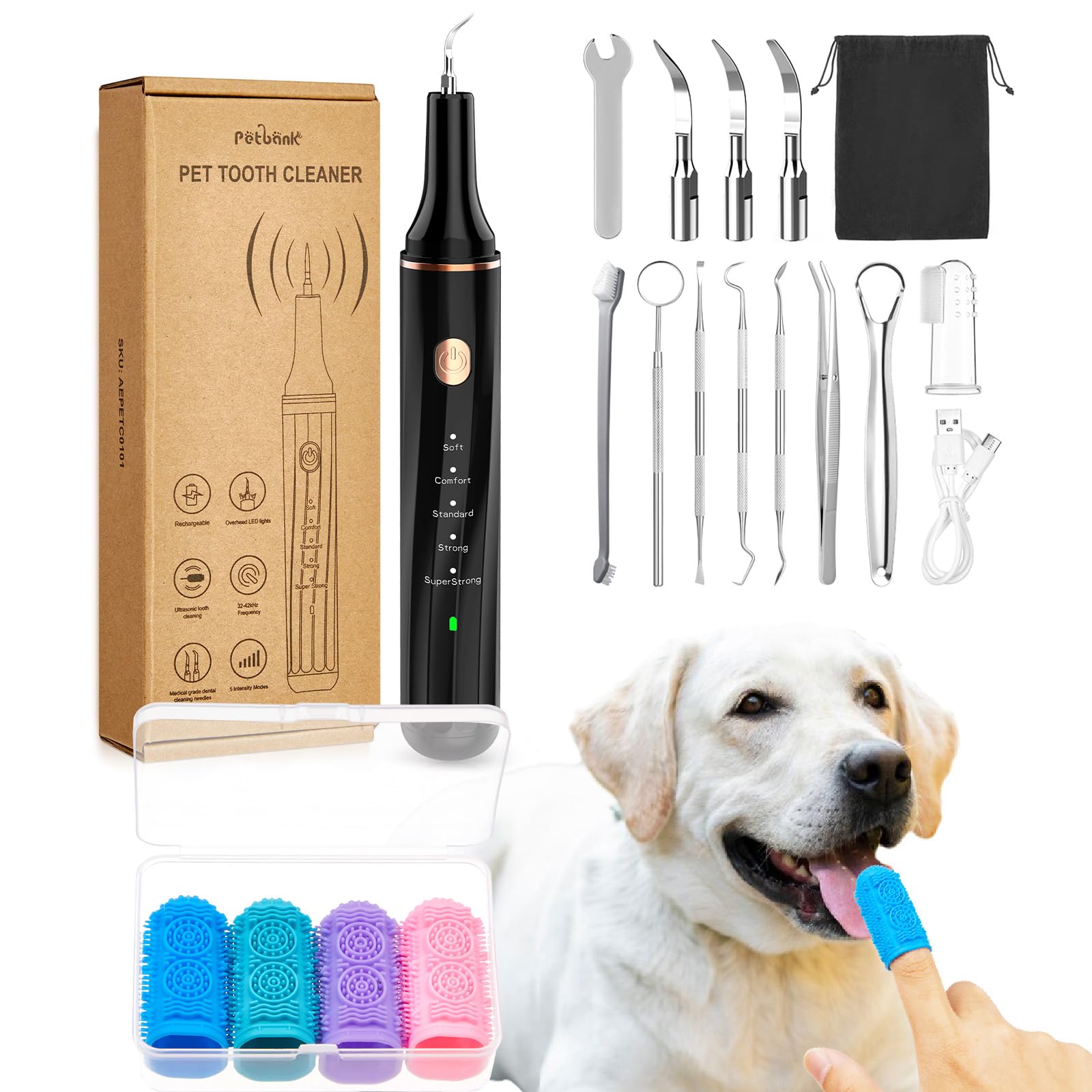 Petbank Dog Teeth Cleaning Kit 12-in-1, Pet Ultrasonic Canine Plaque Remover for Teeth with LED Light, 5 Cleaning Mode, USB Charge Dog Toothbrush Tool with Dental Tools Scaler Scraper