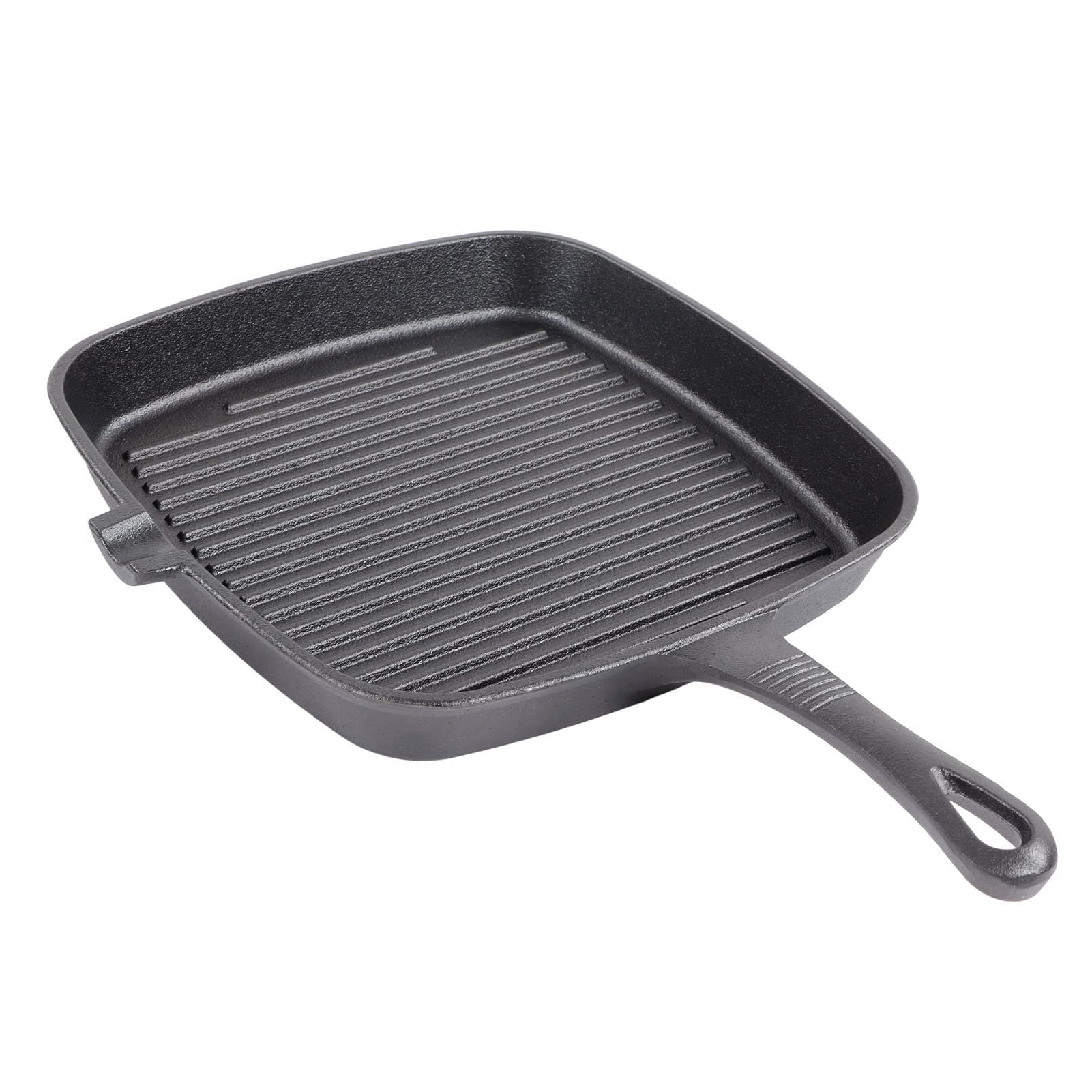 Cast Iron Grill Pan, Ergonomic Long Handle, Convenient Pour Spout, Square Grill Pan for Home, Outdoor, Camping, Restaurant