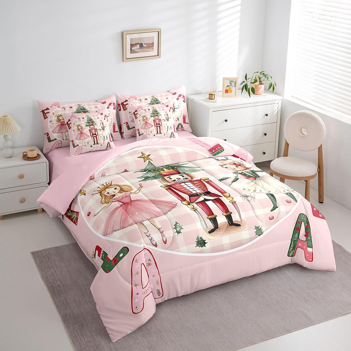 Erosebridal Pink Christmas Bed in A Bag with Sheets Full Plaid Nutcracker 7 Piece Comforter Set Christmas Nutcracker Bedding Set for Kids Girls Adults,Winter Xmas Holiday Bedding Comforter Sets