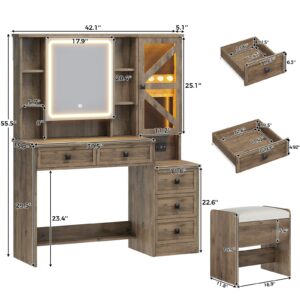 VIAGDO Vanity Desk with LED Lighted Mirror and Chair, 5 Drawers Makeup Vanity Set with Charging Station & RGB Jewelry Cabinet, Farmhouse Vanity Table with Open/Hidden Storage Shelves for Bedroom