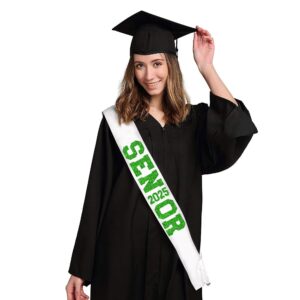 6Pcs White Senior 2025 Satin Sashes with Green Glitter Letters Senior 2025 Decorations - 2025 Graduation Celebrations Sashes - Senior Cheer Sash - Cheerleader Sash - Class Competition Sashes