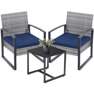 murago 3 pieces patio outdoor wicker bistro furniture set, conversation set, 2 chairs plus table, for porch, balcony, patio, grey frame with blue cushion