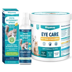 cat deterrent spray, eye wipes for dogs & cats, cat scratch deterrent for furniture indoor & outdoor, prevent scratching, digging & chewing, 200 count cat dog eye wipes tear stain remover eye debris