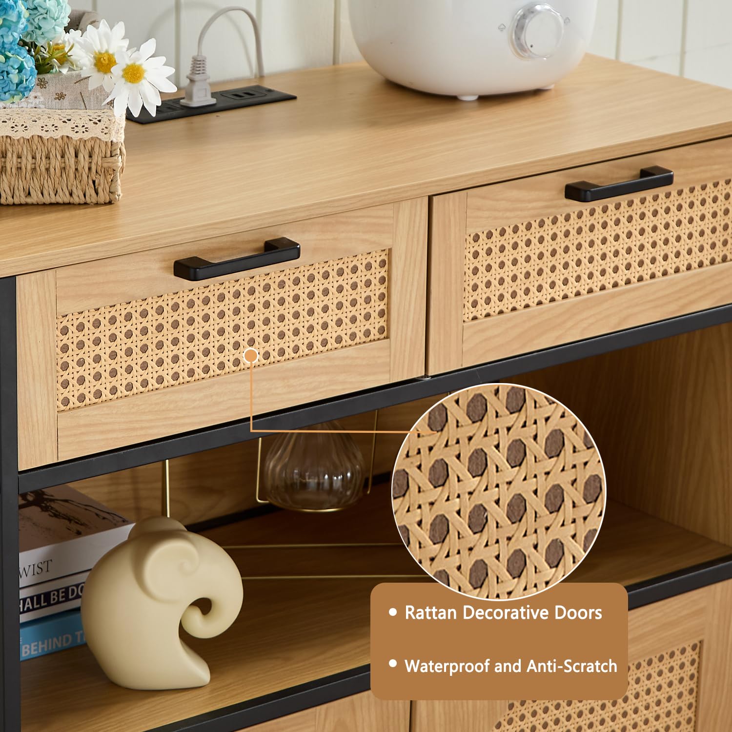 LIDYUK Sideboard Cabinet with Charging Station, Kitchen Storage Cabinet with Rattan Decorated Doors, Cupboard Console Table Sideboard Cabinet for Dining Room Hallway, Natural