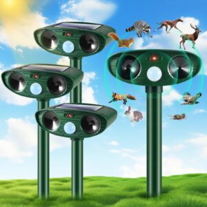 4 pack deer repellent devices cat repellent outdoor for yard farm protection solar ultrasonic animal repeller with motion sensor & strobe light to scare away cat dog deer raccoon rabbit squirrel skunk