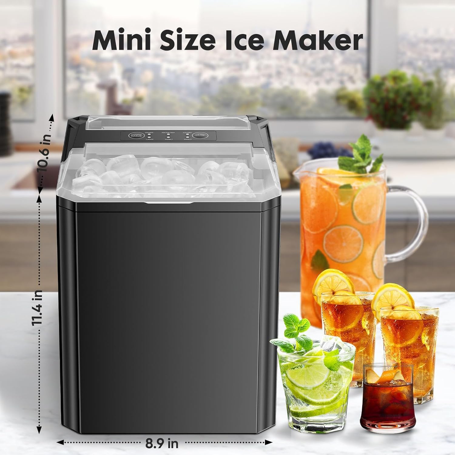 Ice Maker, Portable Countertop Icemaker Machine, Self Cleaning Quiet 2 Sizes Bullet Cubes Makers, 9 Cubes in 6 Mins, 26lbs/24Hrs with Ice Scoop, Basket for Home Kitchen Party