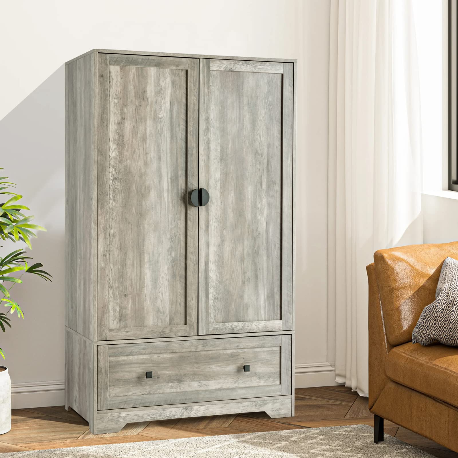 Bonnlo 38" Wide Armoire Wardrobe Closet with Hanging Rod, Adjustable Shelves and Drawer, Freestanding Wardrobe Closet with Doors, Bedroom Armoires and Wardrobes, Rustic Grey, 38" W x 20.5" D x 65" H