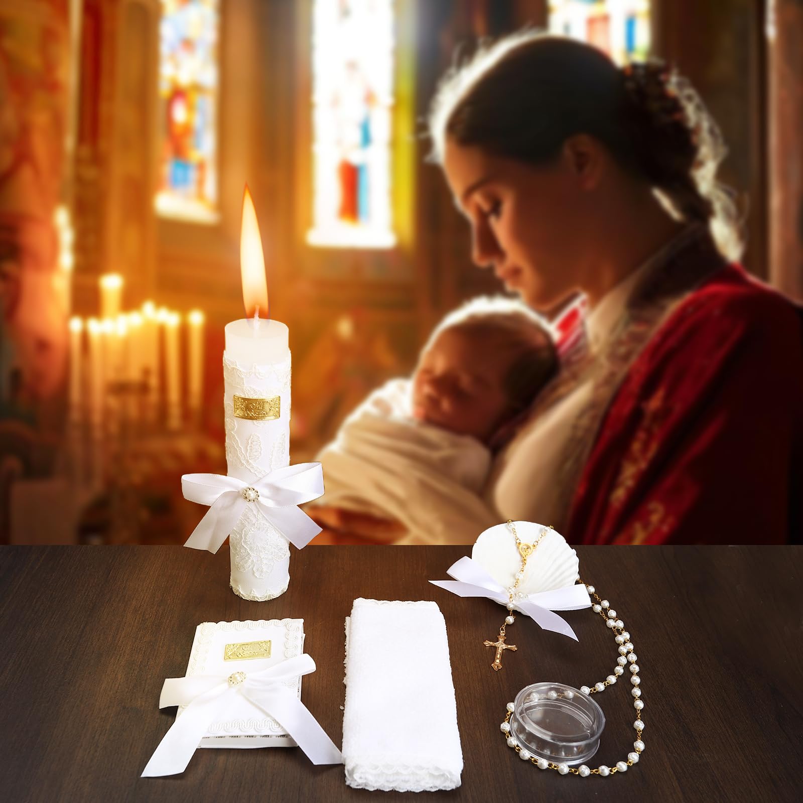 Baptism Candle Set for Boys and Girls,5 PCS Baptism Kit Catholic Candle,Baptism Shell,Towel,Rosary,Bible for Baby Dedication Christening Gift,Velas para Primera Comunión De Niño Bautizo De Niña