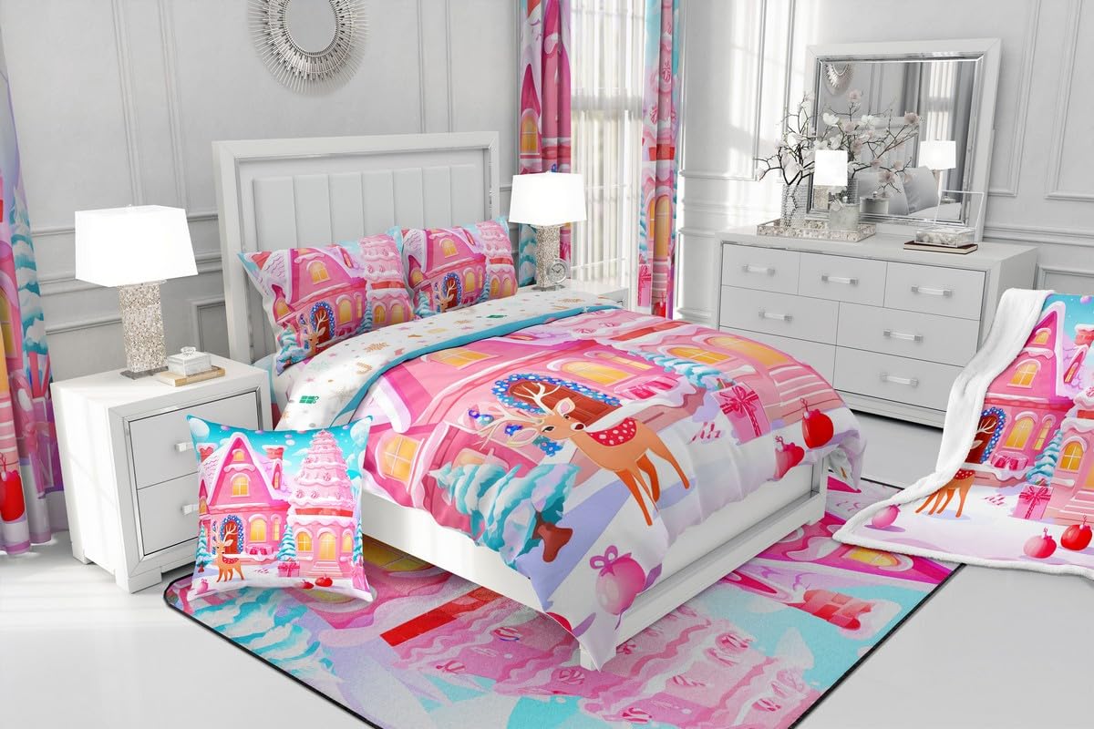 Feelyou Christmas Pink Comforter Cover Set Cute Deer Print Bedding Set Full Size for Kids Boys Girls Bedroom Bed Decor Xmas Christmas Duvet Cover Soft Bedspread Cover,No Comforter