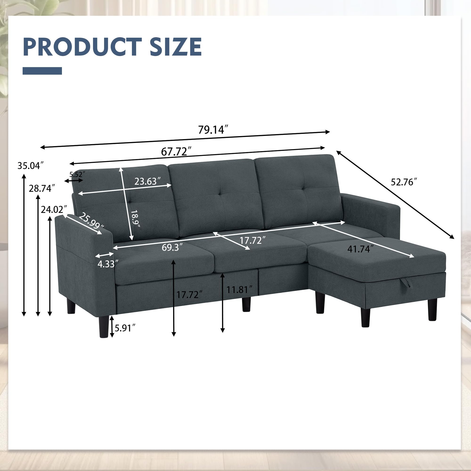 79" Convertible Sectional Sofa, L Shaped Couch with Movable Storage Ottoman 3 Seater Sofa Polyster Fibre for Apartment Small Spaces, Dark Grey