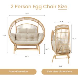 LUMIINOFAMI Outdoor Glider Egg Chair, Oversized 2 Person Egg Rocking Chair with Thick Cushions, Wicker Egg Chair Rattan Porch Furniture Loveseat Lounge Chair for Bedroom Sunroom Backyard(Yellow)