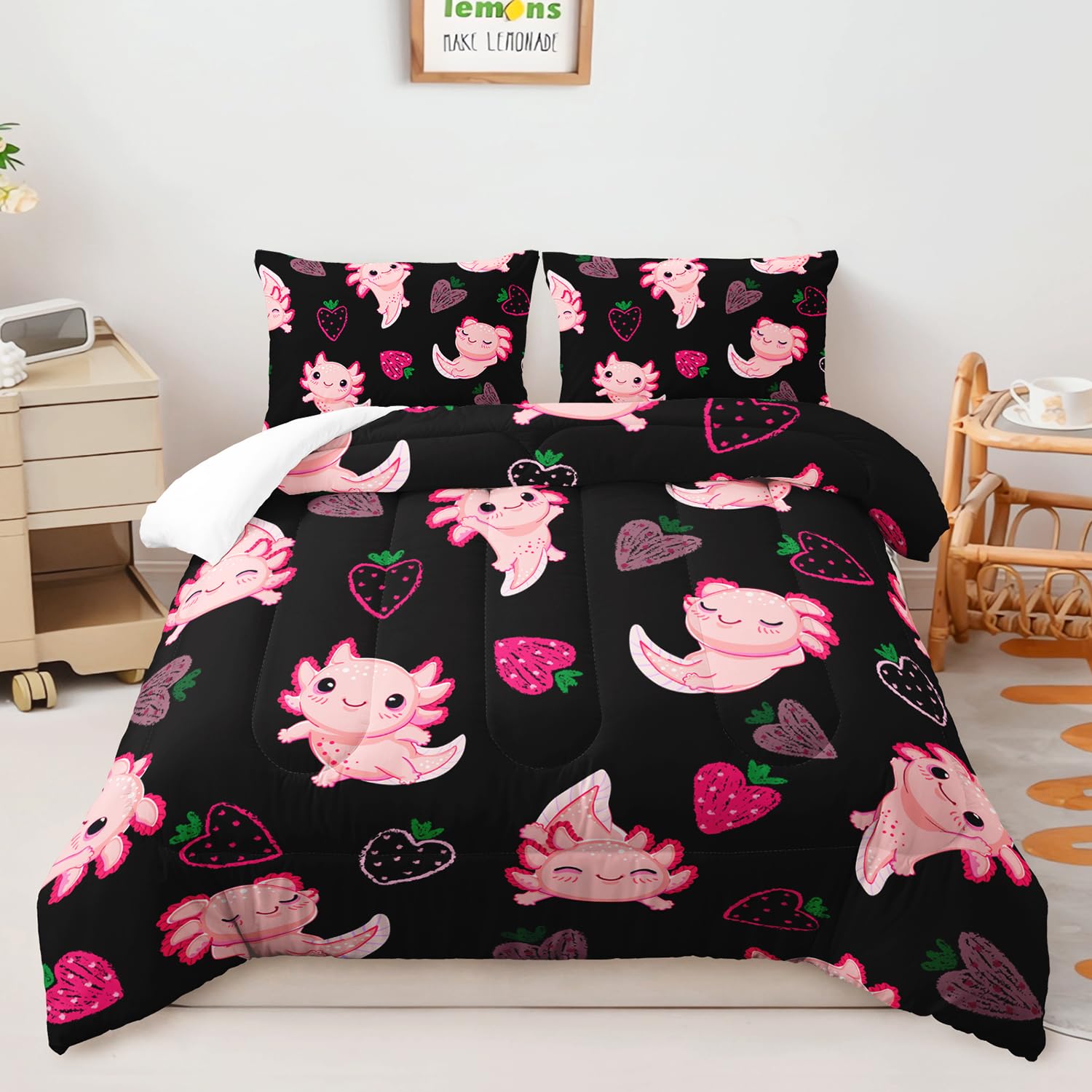 AILONEN Cute Axolotl Bedding Twin Pink Animal Print Girls Kids Comforter Set,Kawaii Axolotl Comforter,Soft Lightweight Microfiber,Cartoon Axolotl Comforter with 2 Pillowcases,3 Piece