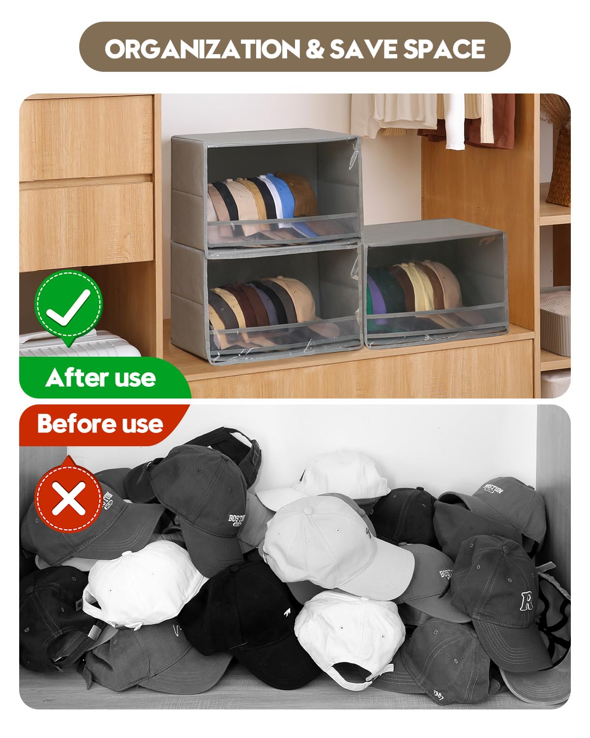 Beveetio 2 Pcs Hat Storage Box With PVC Dustproof Cover, Space Saving Hat Organizer For Baseball Caps, Baseball Cap Organizer For Pack Hats, Stackable Cap Holder Organizer, Hat Organizer For Closet