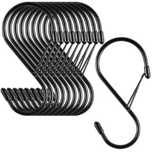 4 inch s hooks for hanging with safety buckle, 10 pcs heavy duty metal s hooks with stopper non slip, closet hooks for hanging plants, clothes, kitchen utensil, pots, pans, bags (black)