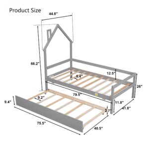 ChicFurnit Twin Size Bed Frame, Wooden Day Bed with House-Shaped Headboard, Platform Bed Frame with Pull-out Trundle & Guardrail for Kids, Floor Bed Frame for Living Room, Bedroom and Guest Room, Grey