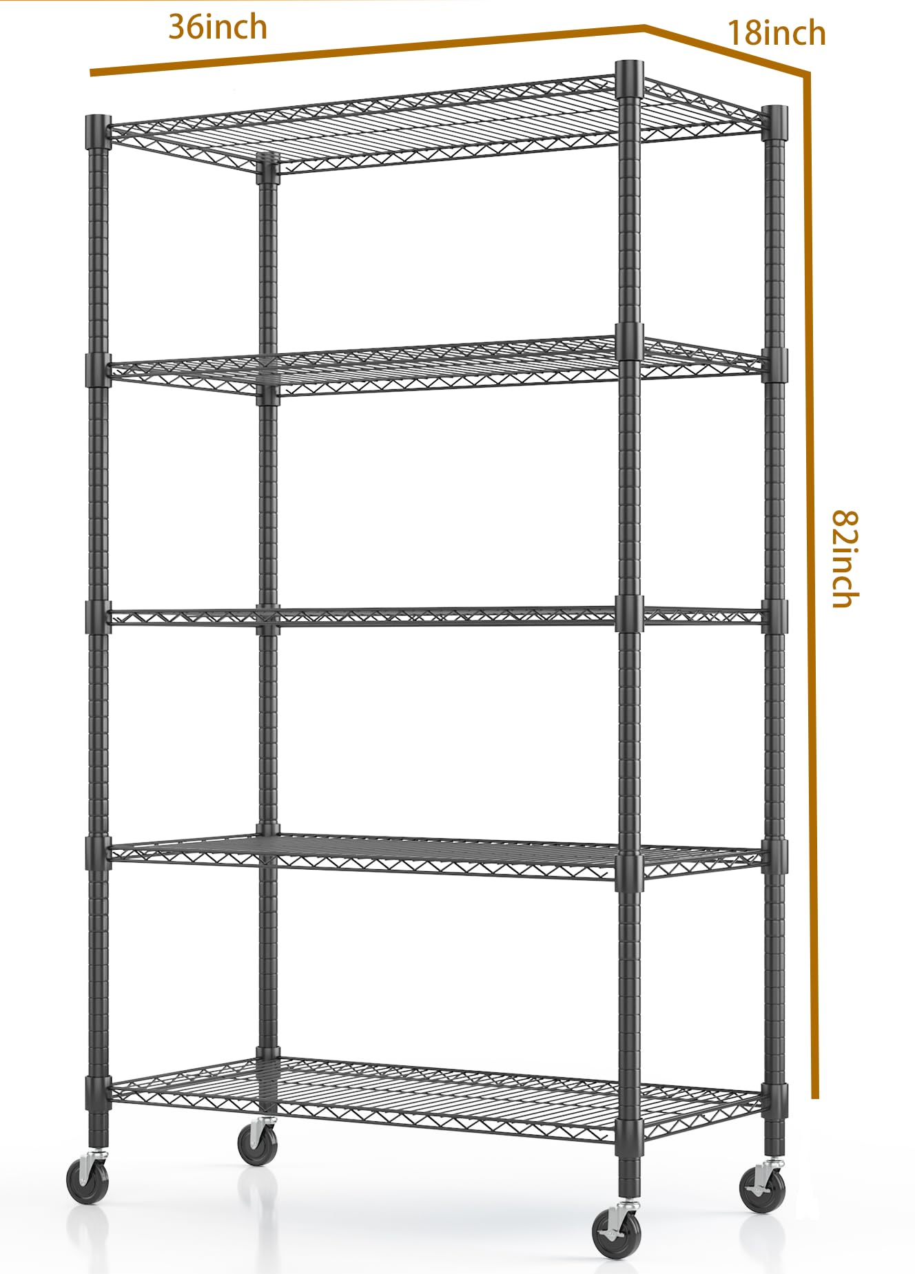 Himimi 18" D×36" W×82" H Storage Shelves with Wheels Metal Wire Shelving Unit 5 Tier Adjustable Shelving Heavy Duty Garage Shelf Organizer Rack Loads 2000LBS，Black