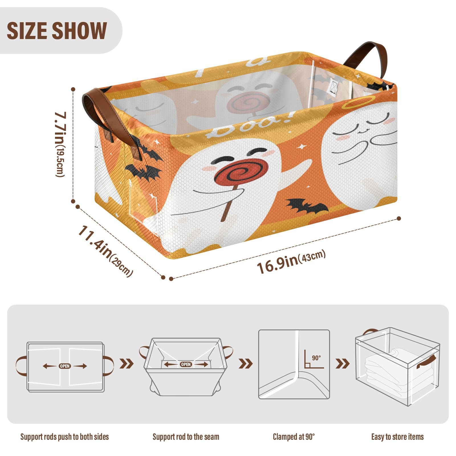 Exnundod Collapsible Storage Bin Halloween Ghost Boo Cute Organizer Storage Shelf Basket Cartoon Storage Boxes with Handles for Closet Blanket Toys Home Dorm Office