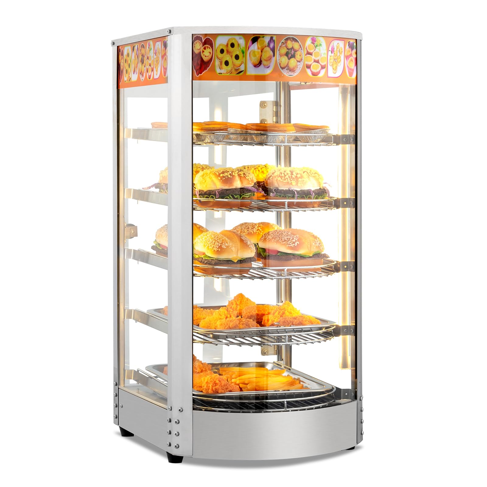 ROVSUN Food Warmer Display Pizza Warmer, Commercial Countertop Food Warmer Electric Pretzel Warmer with Removable Shelves LED Lighting Glass Door for Restaurant Buffet 800W (5 Tiers)