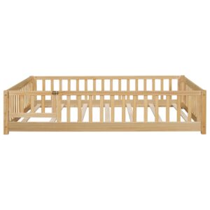 PVWIIK Full Size Montessori Floor Bed Frame with Convertible Door & Wood Slats for Kids,Wood Montessori Bed with Safety Guardrails for Girls & Boys,Natural