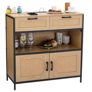 lidyuk sideboard cabinet with charging station, kitchen storage cabinet with rattan decorated doors, cupboard console table sideboard cabinet for dining room hallway, natural