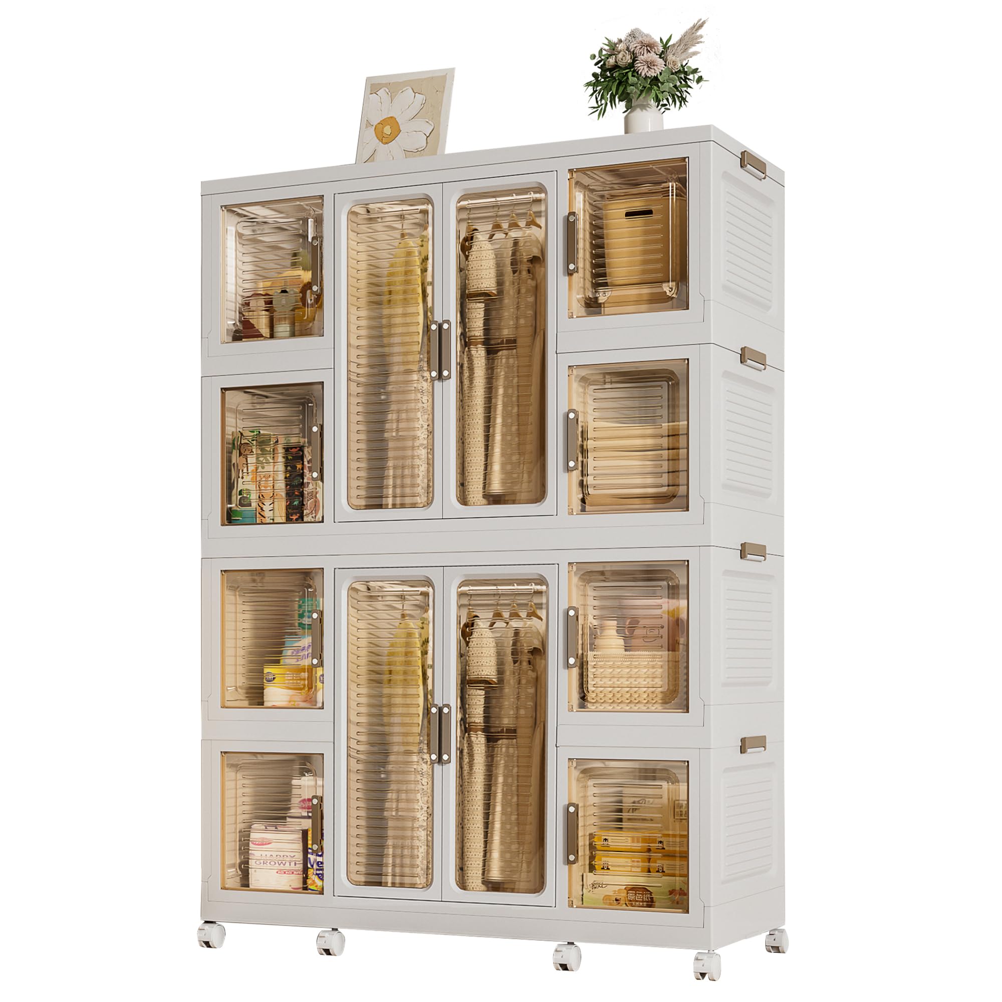 Leavader Portable Wardrobe Closet Storage Organizer with Magnetic Transparent Doors, Plastic Wardrobe Storage Cabinet for Living Room, Bedroom, Quick Assembly (8 Cubes + 2 Hanging Rod)