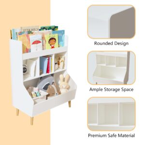 BAOMKONG Toy Storage Organizer, Kids Bookshelf and Bookcase with Solid Wood Legs, Multifunctional Bookshelf with Storage, Children Bookcase for Kids Room, Living Room, Nursery, White